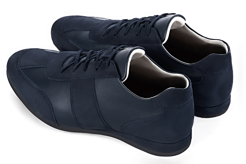Navy blue one-tone dress sneakers for men. Round toe. Flat wedge soles. Rear view - Florence KOOIJMAN