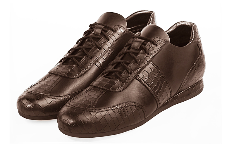 Dark brown one-tone dress sneakers for men. Round toe. Flat rubber soles - Florence KOOIJMAN