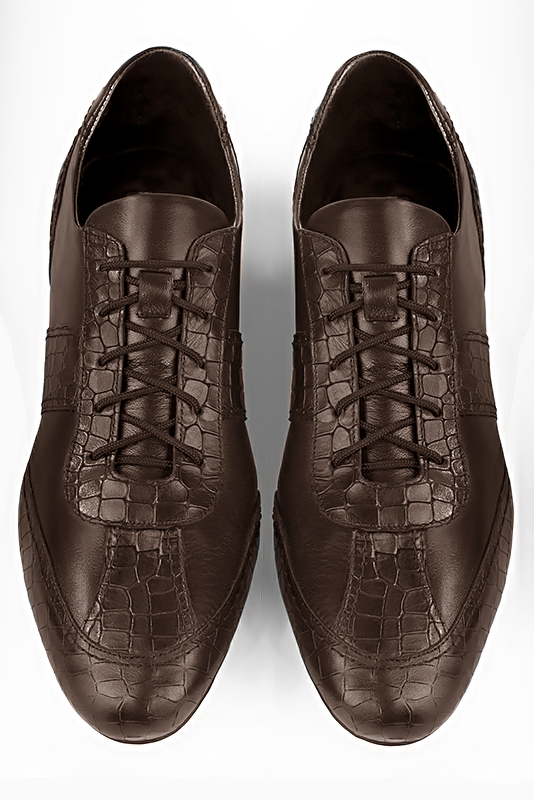 Dark brown one-tone dress sneakers for men. Round toe. Flat rubber soles. Top view - Florence KOOIJMAN
