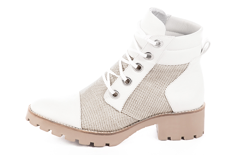 Women's off white elegant ankle boots, with laces at the front. Round toe. Thick rubber soles - Profile view