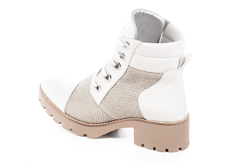 Women's off white elegant ankle boots, with laces at the front. Round toe. Thick rubber soles - Rear view