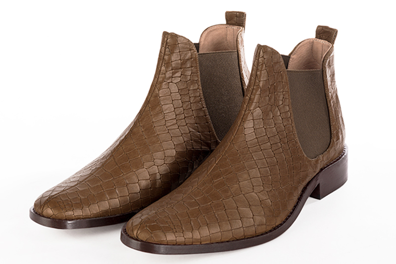 Caramel brown dress booties for men. Round toe. Flat leather soles - Florence KOOIJMAN