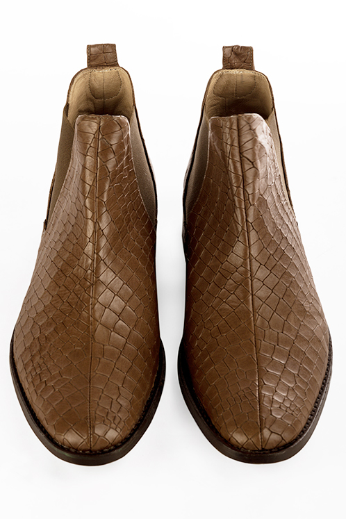 Caramel brown dress ankle boots for men. Round toe. Flat leather soles. Top view - Florence KOOIJMAN