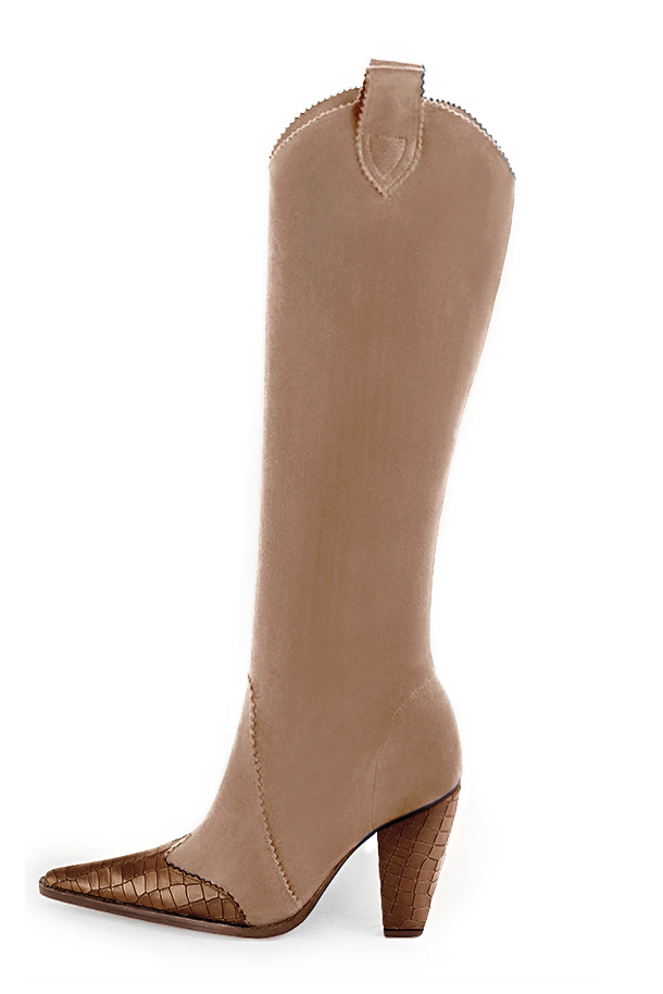 French elegance and refinement for these caramel brown and biscuit beige cowboy boots, 
                available in many subtle leather and colour combinations. Pretty boot adjustable to your measurements in height and width
Customizable or not, in your materials and colors.
Its side zip and her round cutout will leave you very comfortable.
For fans of originality. 
                Made to measure. Especially suited to thin or thick calves.
                Matching clutches for parties, ceremonies and weddings.   
                You can customize these knee-high boots to perfectly match your tastes or needs, and have a unique model.  
                Choice of leathers, colours, knots and heels. 
                Wide range of materials and shades carefully chosen.  
                Rich collection of flat, low, mid and high heels.  
                Small and large shoe sizes - Florence KOOIJMAN