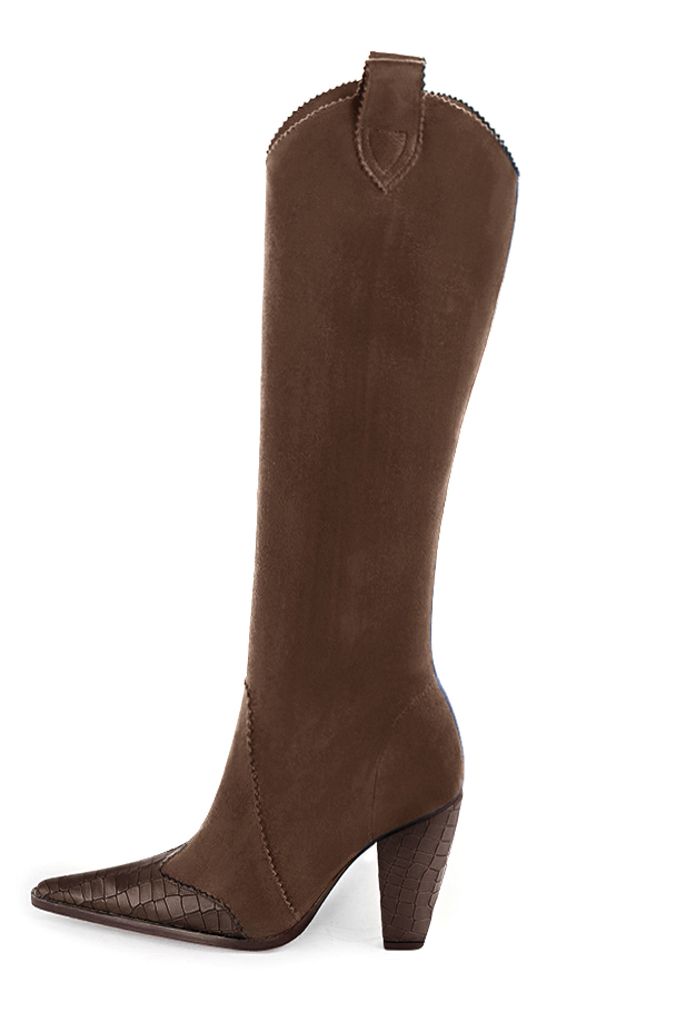 French elegance and refinement for these dark brown cowboy boots, 
                available in many subtle leather and colour combinations. Pretty boot adjustable to your measurements in height and width
Customizable or not, in your materials and colors.
Its side zip and her round cutout will leave you very comfortable.
For fans of originality. 
                Made to measure. Especially suited to thin or thick calves.
                Matching clutches for parties, ceremonies and weddings.   
                You can customize these knee-high boots to perfectly match your tastes or needs, and have a unique model.  
                Choice of leathers, colours, knots and heels. 
                Wide range of materials and shades carefully chosen.  
                Rich collection of flat, low, mid and high heels.  
                Small and large shoe sizes - Florence KOOIJMAN