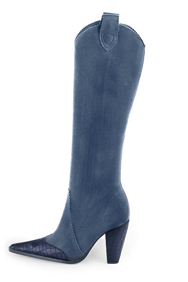 Navy blue women's cowboy boots. Pointed toe. Very high cone heels. Made to measure. Profile view - Florence KOOIJMAN