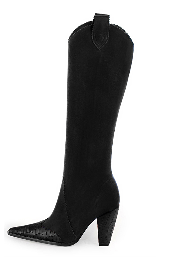 Satin black women's cowboy boots. Pointed toe. Very high cone heels. Made to measure. Profile view - Florence KOOIJMAN