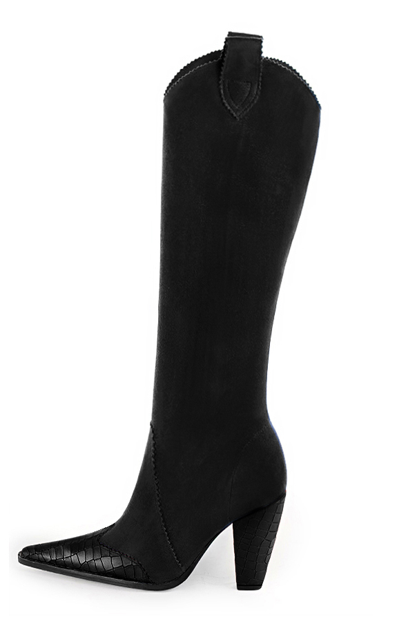 French elegance and refinement for these satin black cowboy boots, 
                available in many subtle leather and colour combinations. Pretty boot adjustable to your measurements in height and width
Customizable or not, in your materials and colors.
Its side zip and her round cutout will leave you very comfortable.
For fans of originality. 
                Made to measure. Especially suited to thin or thick calves.
                Matching clutches for parties, ceremonies and weddings.   
                You can customize these knee-high boots to perfectly match your tastes or needs, and have a unique model.  
                Choice of leathers, colours, knots and heels. 
                Wide range of materials and shades carefully chosen.  
                Rich collection of flat, low, mid and high heels.  
                Small and large shoe sizes - Florence KOOIJMAN