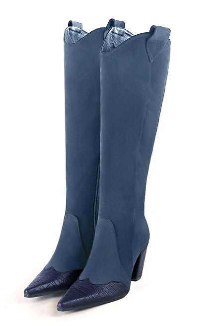 French elegance and refinement for these navy blue cowboy boots, 
                available in many subtle leather and colour combinations. Pretty boot adjustable to your measurements in height and width
Customizable or not, in your materials and colors.
Its side zip and her round cutout will leave you very comfortable.
For fans of originality. 
                Made to measure. Especially suited to thin or thick calves.
                Matching clutches for parties, ceremonies and weddings.   
                You can customize these knee-high boots to perfectly match your tastes or needs, and have a unique model.  
                Choice of leathers, colours, knots and heels. 
                Wide range of materials and shades carefully chosen.  
                Rich collection of flat, low, mid and high heels.  
                Small and large shoe sizes - Florence KOOIJMAN