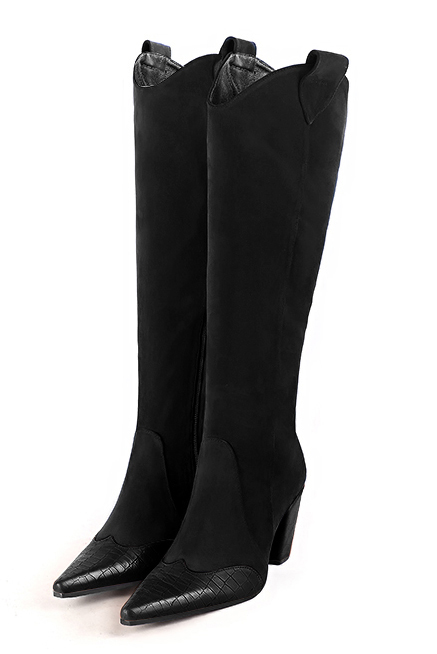 French elegance and refinement for these satin black cowboy boots, 
                available in many subtle leather and colour combinations. Pretty boot adjustable to your measurements in height and width
Customizable or not, in your materials and colors.
Its side zip and her round cutout will leave you very comfortable.
For fans of originality. 
                Made to measure. Especially suited to thin or thick calves.
                Matching clutches for parties, ceremonies and weddings.   
                You can customize these knee-high boots to perfectly match your tastes or needs, and have a unique model.  
                Choice of leathers, colours, knots and heels. 
                Wide range of materials and shades carefully chosen.  
                Rich collection of flat, low, mid and high heels.  
                Small and large shoe sizes - Florence KOOIJMAN