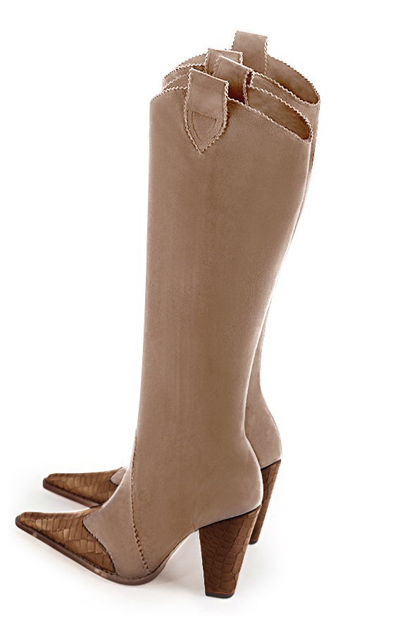 Caramel brown and biscuit beige women's cowboy boots. Pointed toe. Very high cone heels. Made to measure. Top view - Florence KOOIJMAN