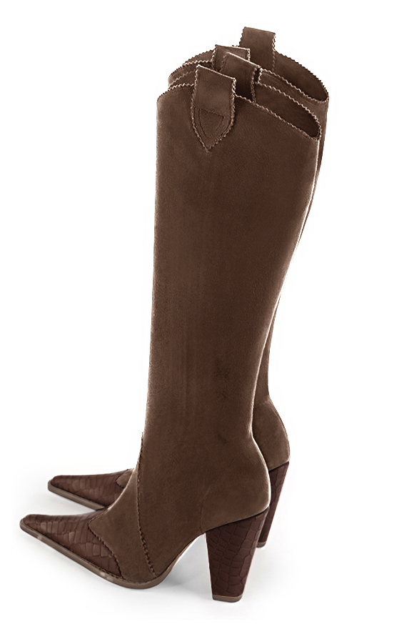 Dark brown women's cowboy boots. Pointed toe. Very high cone heels. Made to measure. Rear view - Florence KOOIJMAN