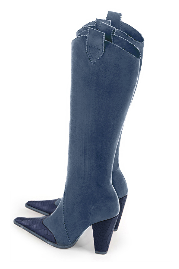Navy blue women's cowboy boots. Pointed toe. Very high cone heels. Made to measure. Rear view - Florence KOOIJMAN