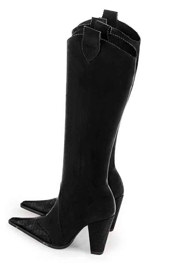 Satin black women's cowboy boots. Pointed toe. Very high cone heels. Made to measure. Rear view - Florence KOOIJMAN
