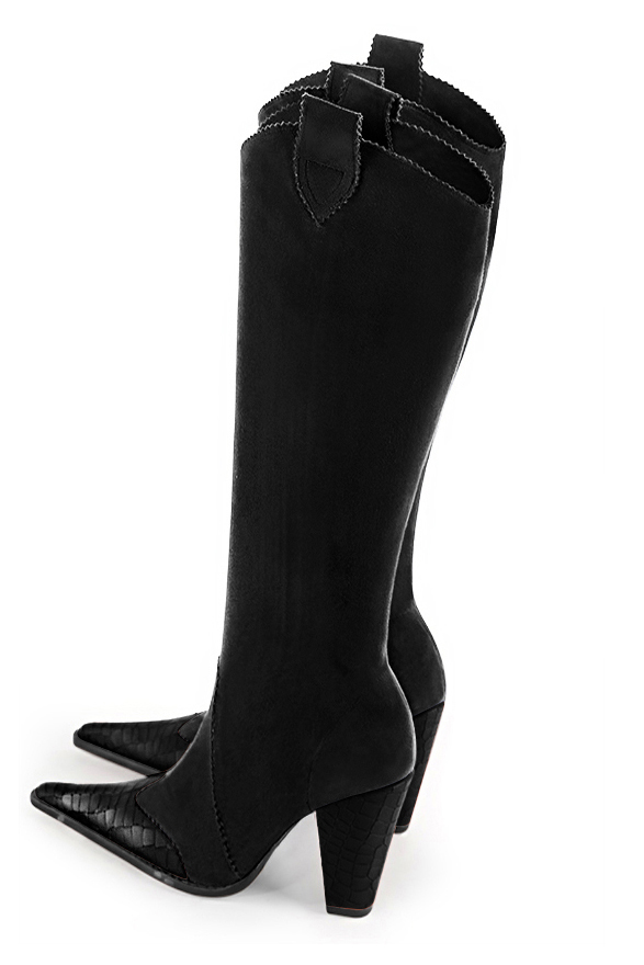 Satin black women's cowboy boots. Pointed toe. Very high cone heels. Made to measure. Top view - Florence KOOIJMAN
