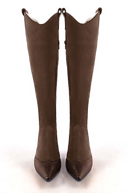 Dark brown women's cowboy boots. Pointed toe. Very high cone heels. Made to measure. Top view - Florence KOOIJMAN