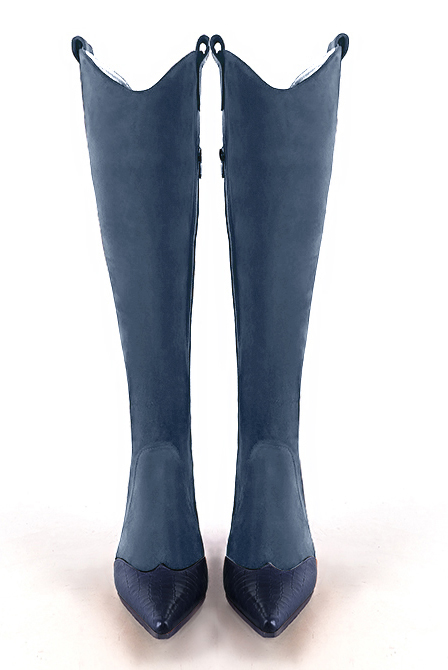 Navy blue women's cowboy boots. Pointed toe. Very high cone heels. Made to measure. Top view - Florence KOOIJMAN
