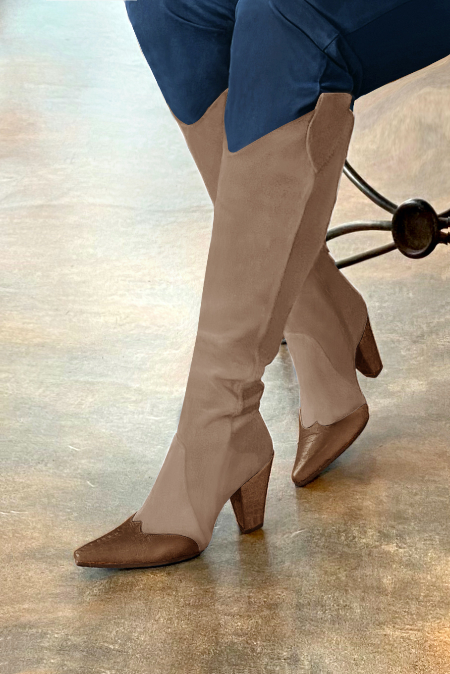 Caramel brown and biscuit beige women's cowboy boots. Pointed toe. Very high cone heels. Made to measure. Worn view - Florence KOOIJMAN