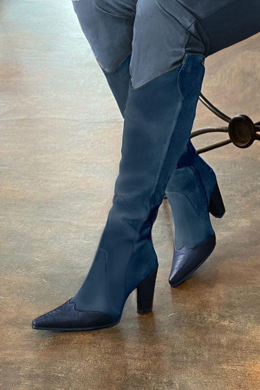 Navy blue women's cowboy boots. Pointed toe. Very high cone heels. Made to measure. Worn view - Florence KOOIJMAN