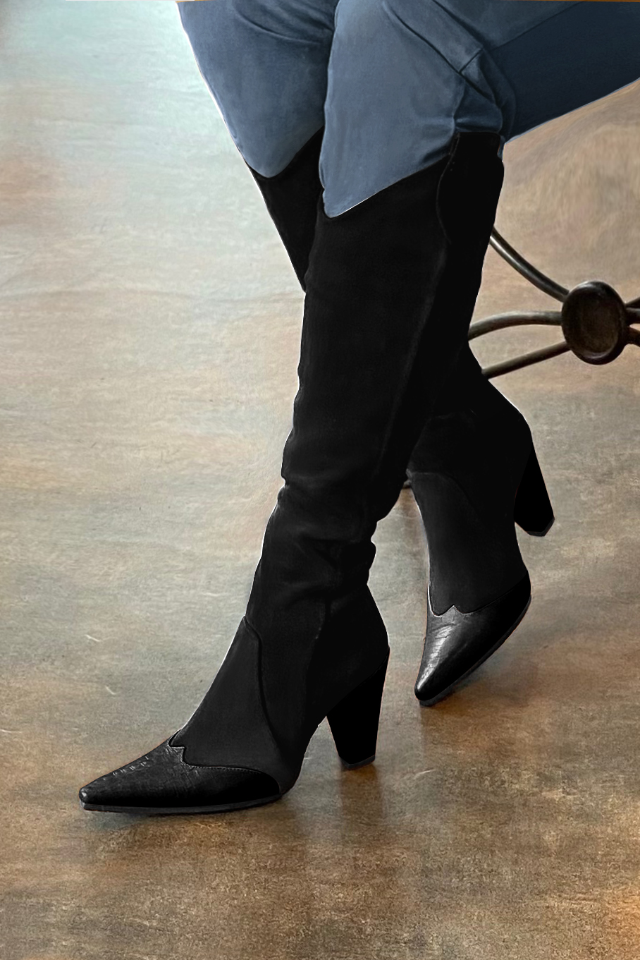 Satin black women's cowboy boots. Pointed toe. Very high cone heels. Made to measure. Worn view - Florence KOOIJMAN