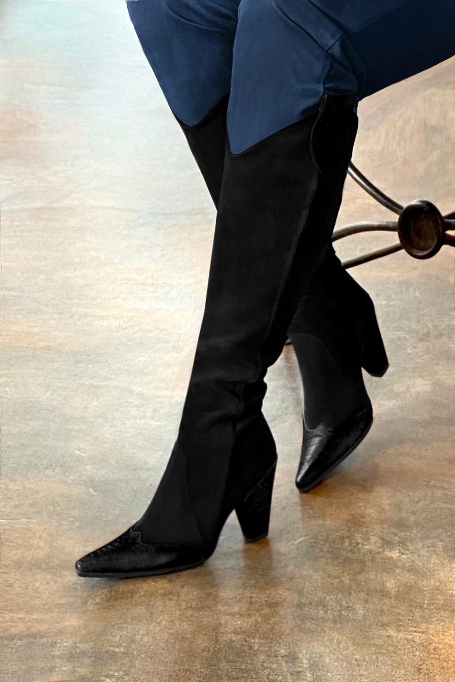 Satin black women's cowboy boots. Pointed toe. Very high cone heels. Made to measure. Worn view - Florence KOOIJMAN