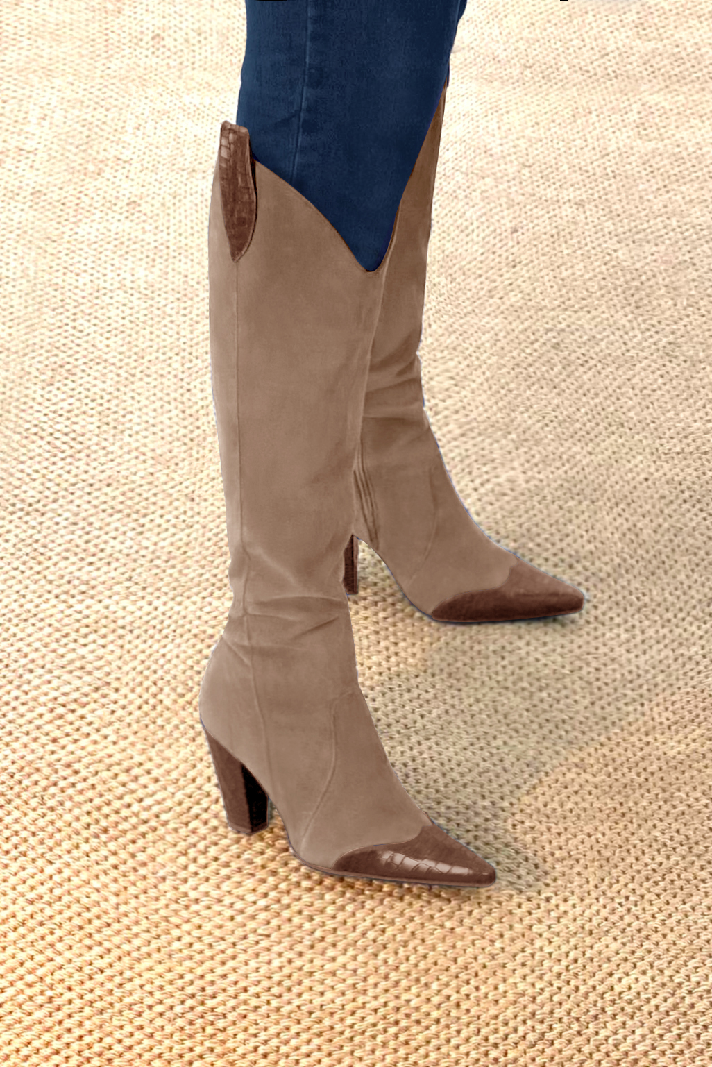 Caramel brown and biscuit beige women's cowboy boots. Pointed toe. Very high cone heels. Made to measure. Rear view - Florence KOOIJMAN