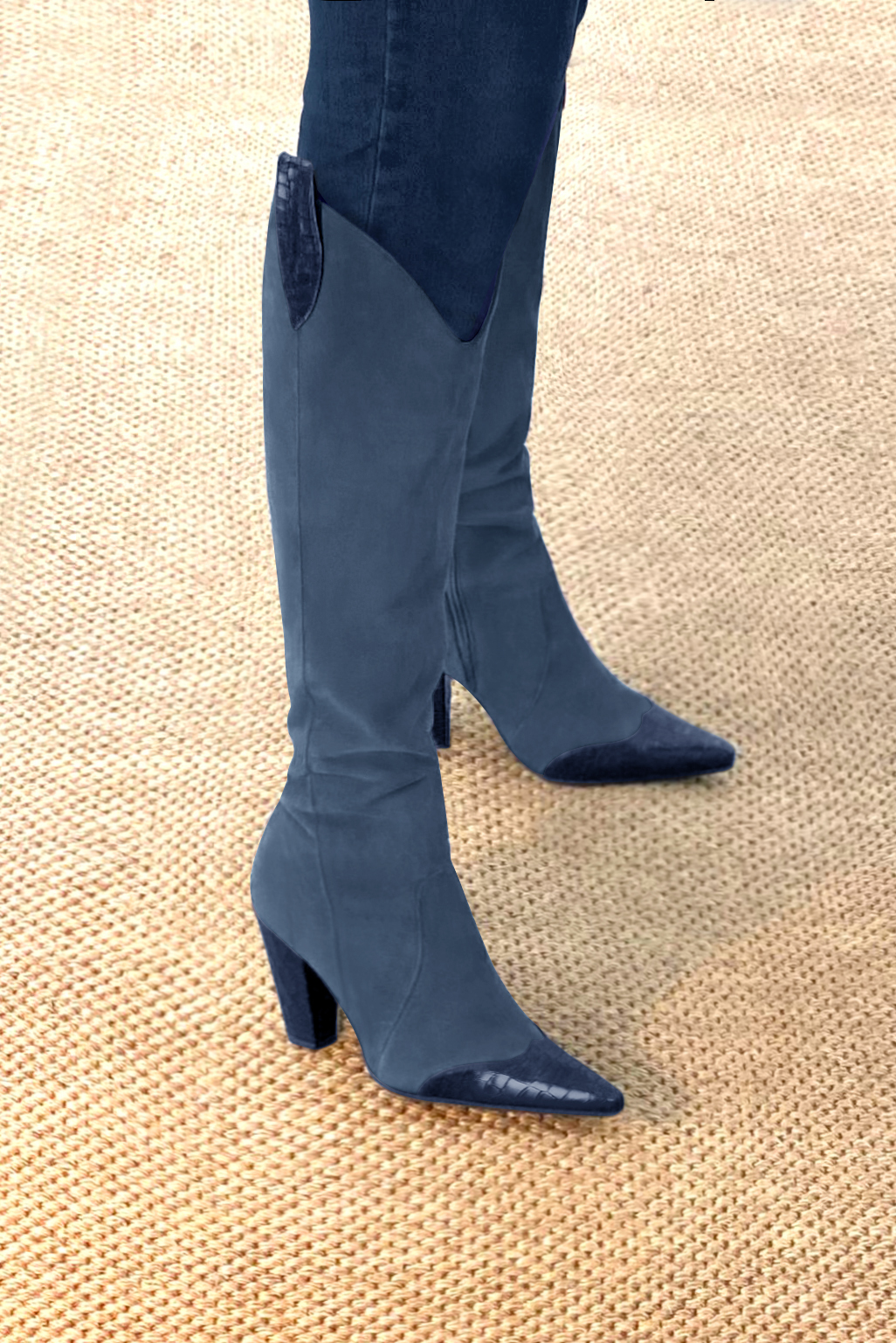 Navy blue women's cowboy boots. Pointed toe. Very high cone heels. Made to measure. Rear view - Florence KOOIJMAN