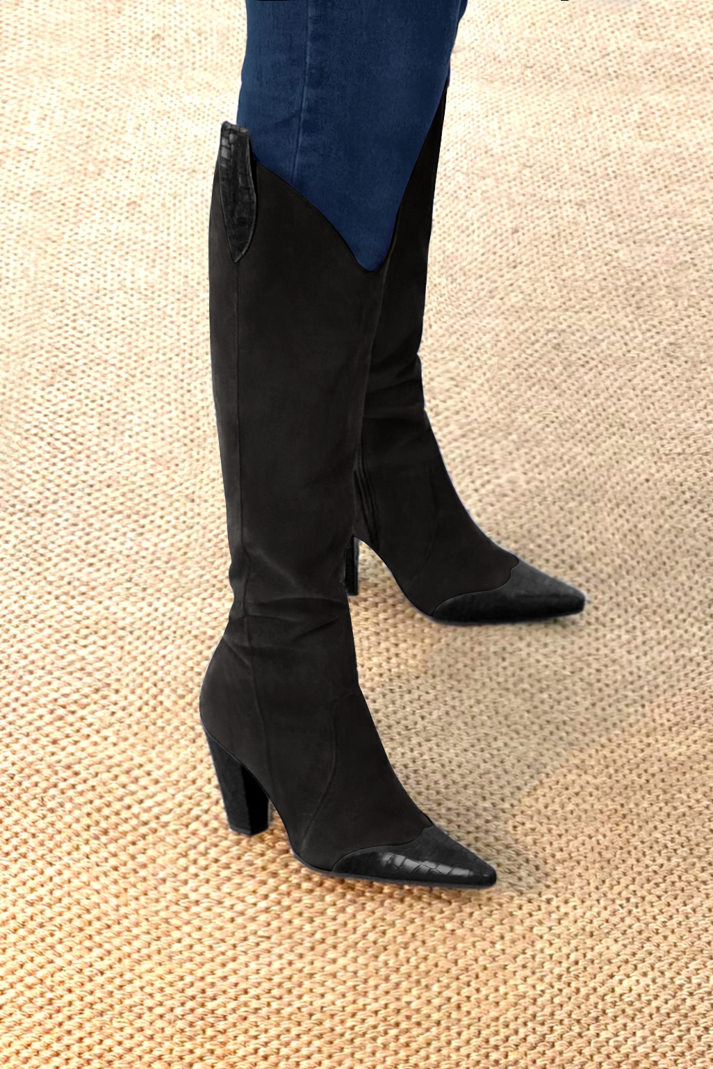 Satin black women's cowboy boots. Pointed toe. Very high cone heels. Made to measure. Rear view - Florence KOOIJMAN