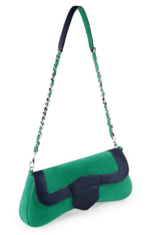 Emerald green and navy blue women's dress clutch, for weddings, ceremonies, cocktails and parties. Worn view - Florence KOOIJMAN