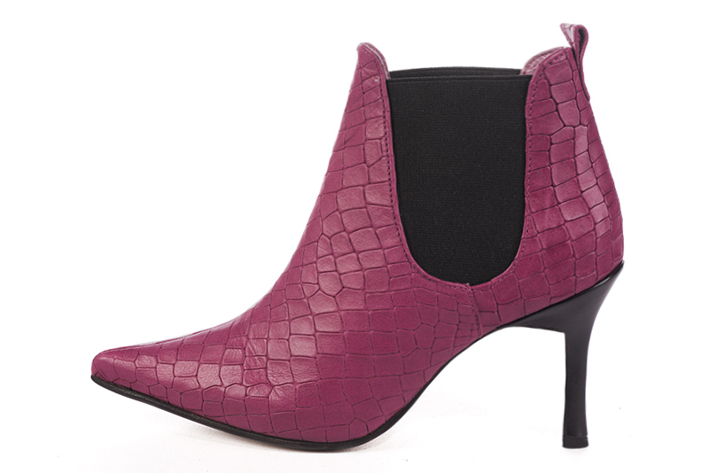 Women's fuchsia pink and matt black elegant Chelsea ankle boots, with side elastics. Pointed toe. High slim heel - Profile view