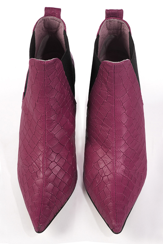 Women's fuchsia pink and matt black elegant Chelsea ankle boots, with side elastics. Pointed toe. High slim heel - Top view