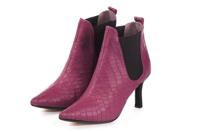 Women's fuchsia pink and matt black elegant Chelsea ankle boots, with side elastics. Pointed toe. High slim heel - Front view
