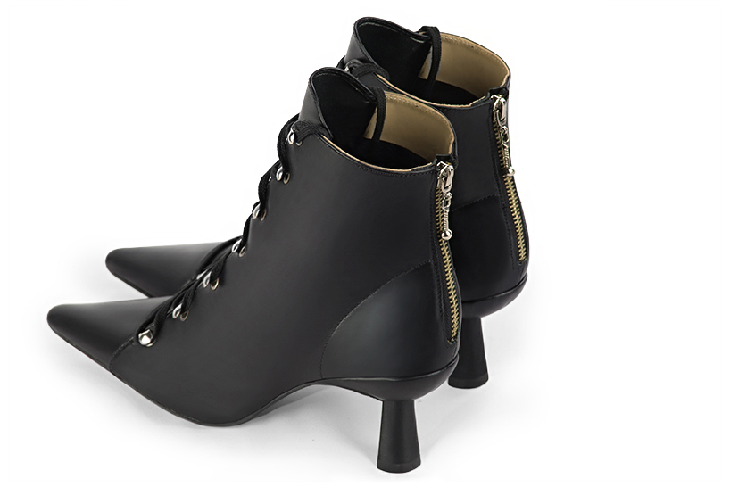 Satin black women's ankle boots with laces at the front. Pointed toe. Medium spool heels. Rear view - Florence KOOIJMAN
