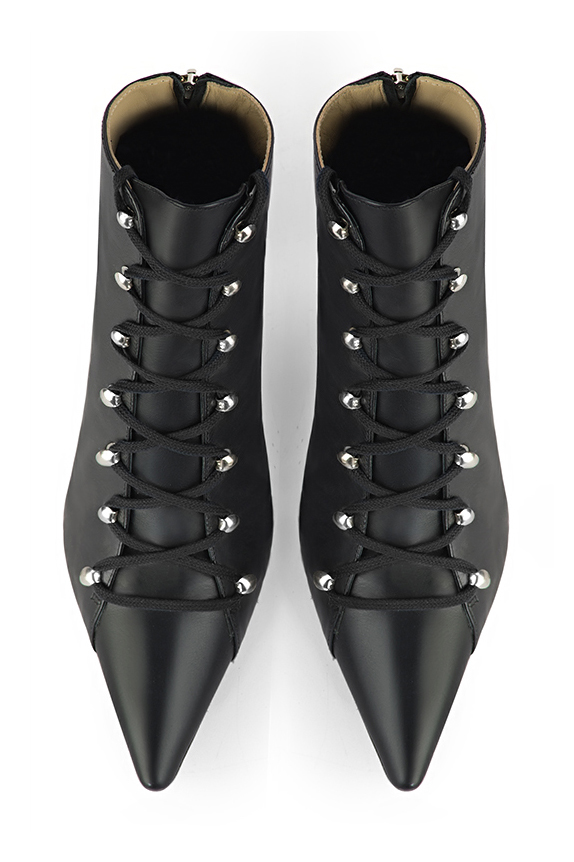 Satin black women's ankle boots with laces at the front. Pointed toe. Medium spool heels. Top view - Florence KOOIJMAN