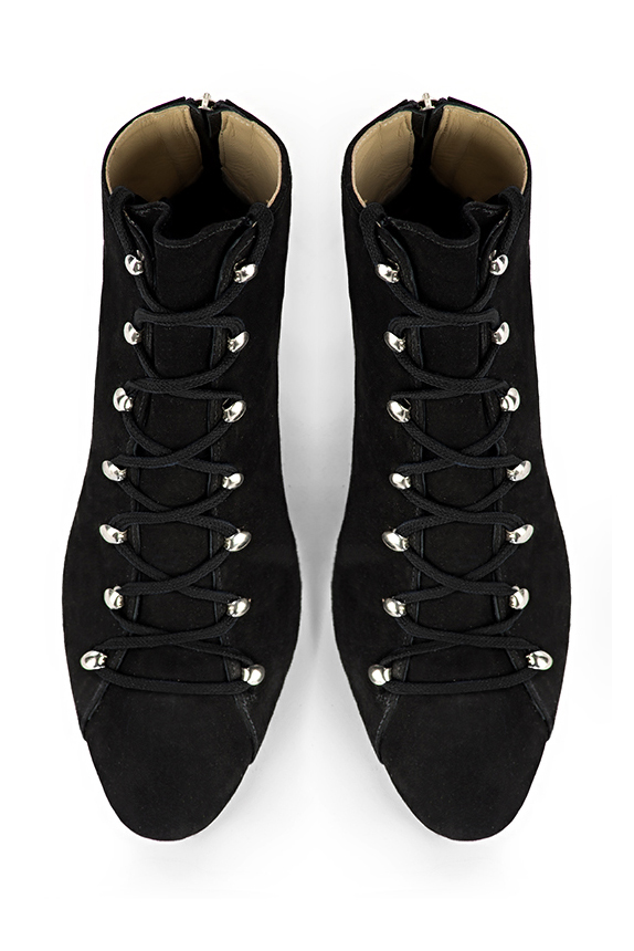 Matt black women's ankle boots with laces at the front. Round toe. Medium flare heels. Top view - Florence KOOIJMAN