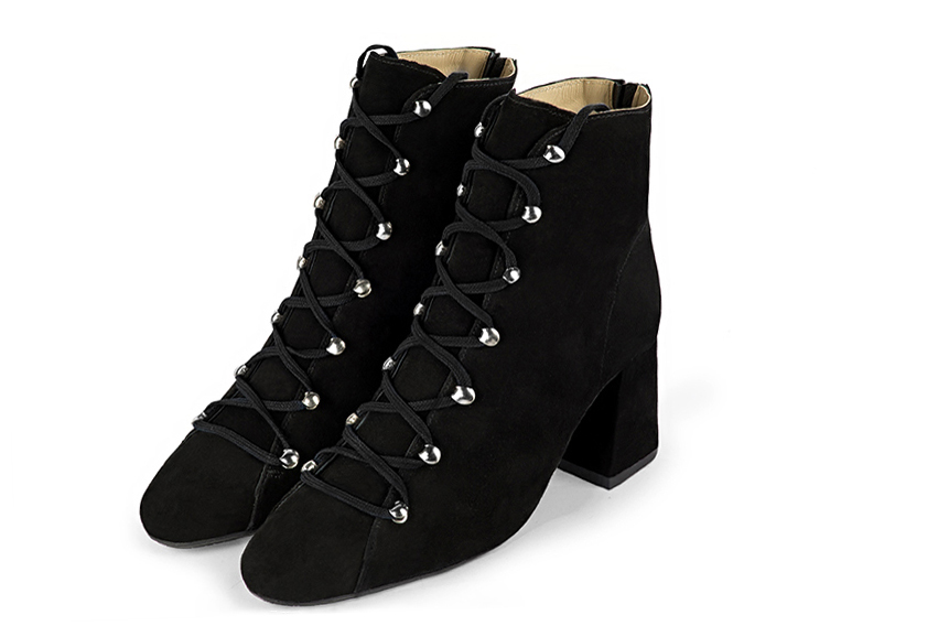 Matt black women's ankle boots with laces at the front. Round toe. Medium flare heels. Front view - Florence KOOIJMAN
