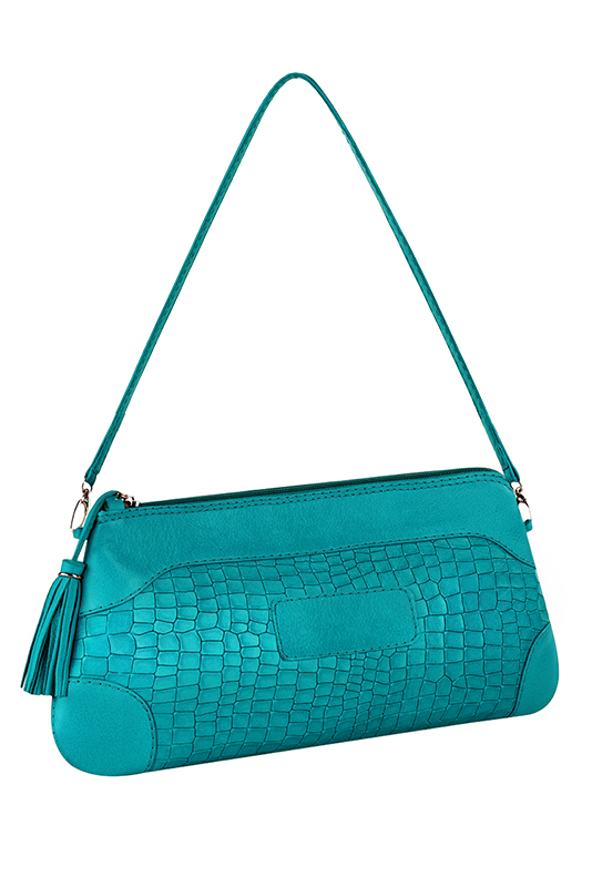 Turquoise blue women's dress clutch, for weddings, ceremonies, cocktails and parties. Worn view - Florence KOOIJMAN
