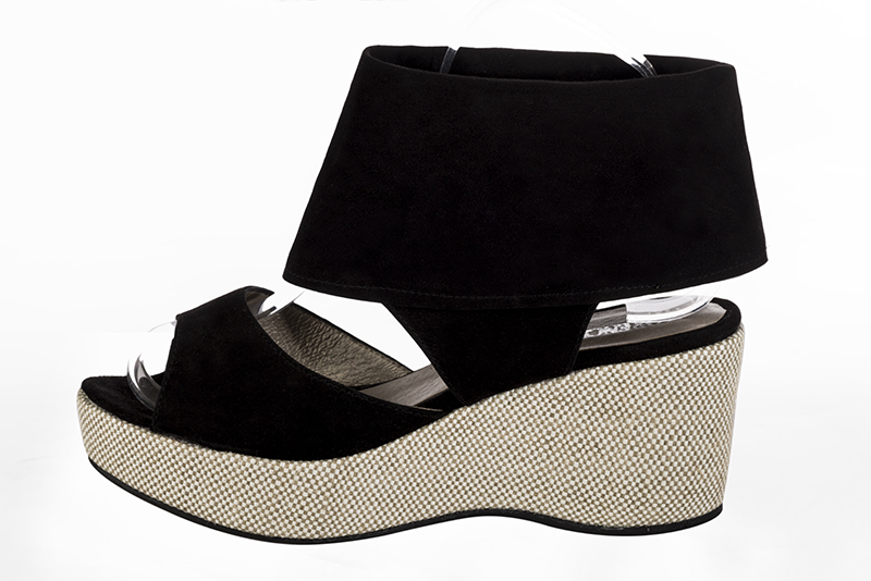 Matt black women's fully open sandals, with an instep strap. Round toe. Medium wedge soles. Profile view - Florence KOOIJMAN