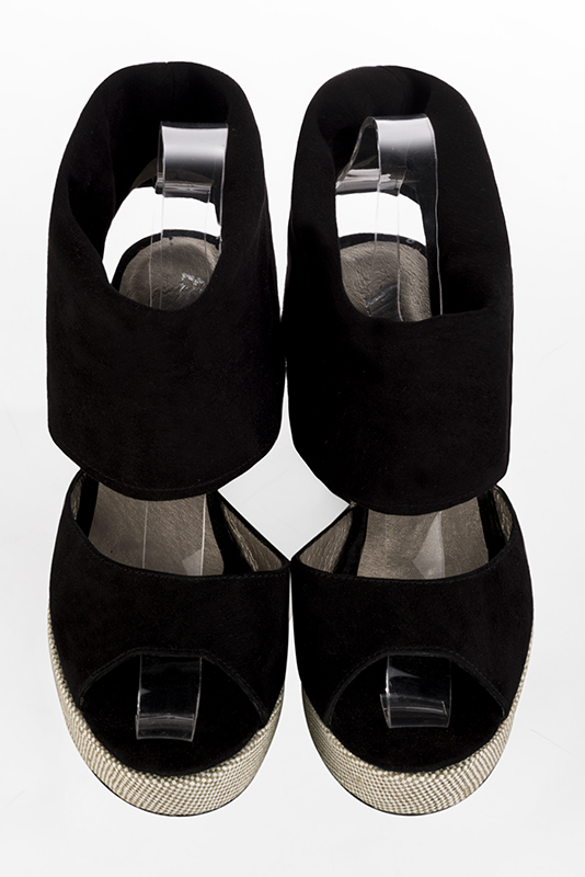 Matt black women's fully open sandals, with an instep strap. Round toe. Medium wedge soles. Top view - Florence KOOIJMAN
