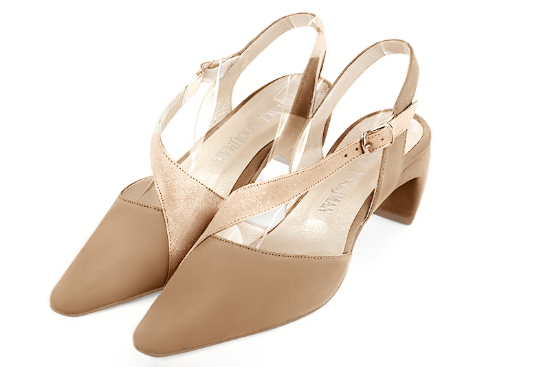 Tan beige and powder pink women's open back shoes, with an instep strap. Tapered toe. Medium comma heels. Front view - Florence KOOIJMAN