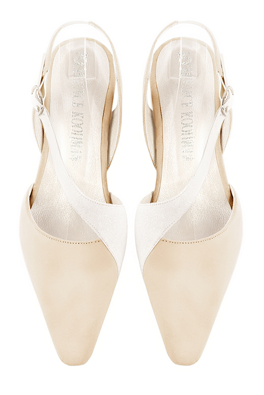 Champagne beige and off white women's open back shoes, with an instep strap. Tapered toe. Medium comma heels. Top view - Florence KOOIJMAN