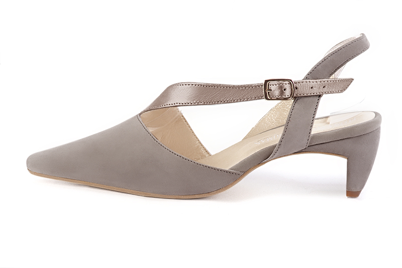 Bronze beige women's open back shoes, with an instep strap. Tapered toe. Medium comma heels. Profile view - Florence KOOIJMAN