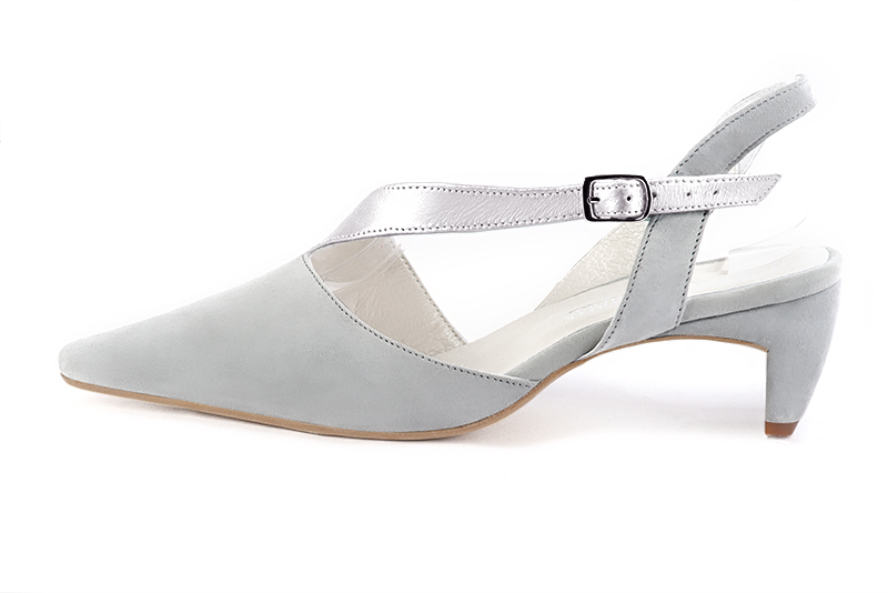Pearl grey and light silver women's open back shoes, with an instep strap. Tapered toe. Medium comma heels. Profile view - Florence KOOIJMAN