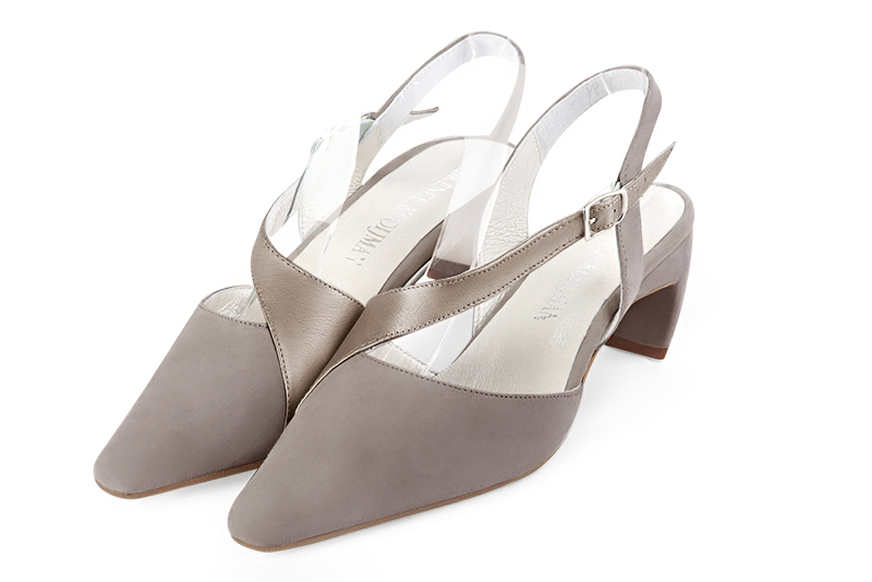 Bronze beige women's open back shoes, with an instep strap. Tapered toe. Medium comma heels. Front view - Florence KOOIJMAN