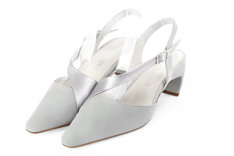 Pearl grey and light silver women's open back shoes, with an instep strap. Tapered toe. Medium comma heels. Front view - Florence KOOIJMAN