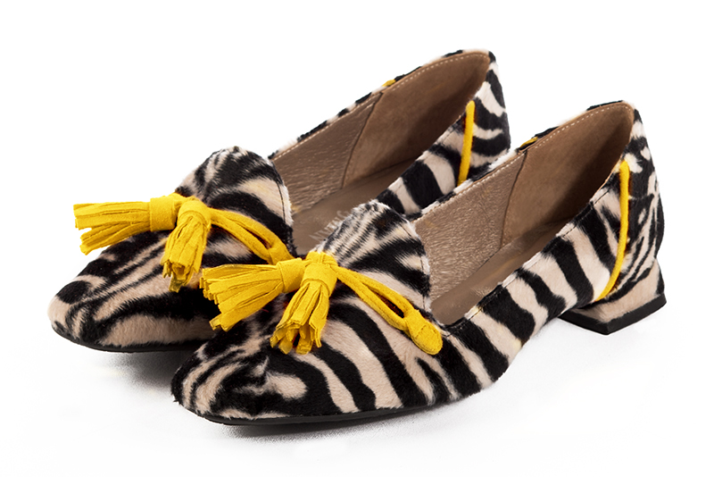 Safari black women's loafers with pompons. Square toe. Flat flare heels. Front view - Florence KOOIJMAN
