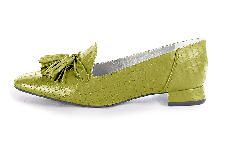 Pistachio green women's loafers with pompons. Square toe. Flat flare heels. Profile view - Florence KOOIJMAN