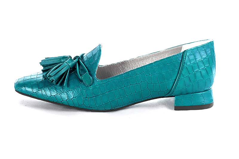 Turquoise blue women's loafers with pompons. Square toe. Flat flare heels - Florence KOOIJMAN