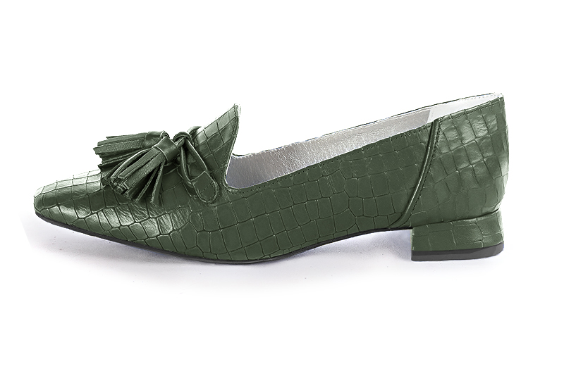 Forest green women's loafers with pompons. Square toe. Flat flare heels. Profile view - Florence KOOIJMAN