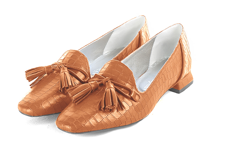 Marigold orange women's loafers with pompons. Square toe. Flat flare heels - Florence KOOIJMAN